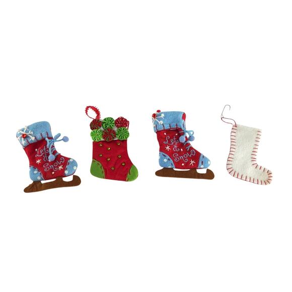 Vintage Let It Snow Mini Stocking Ornaments Set of 4 Felt Corduroy Style - Picture 4 of 11